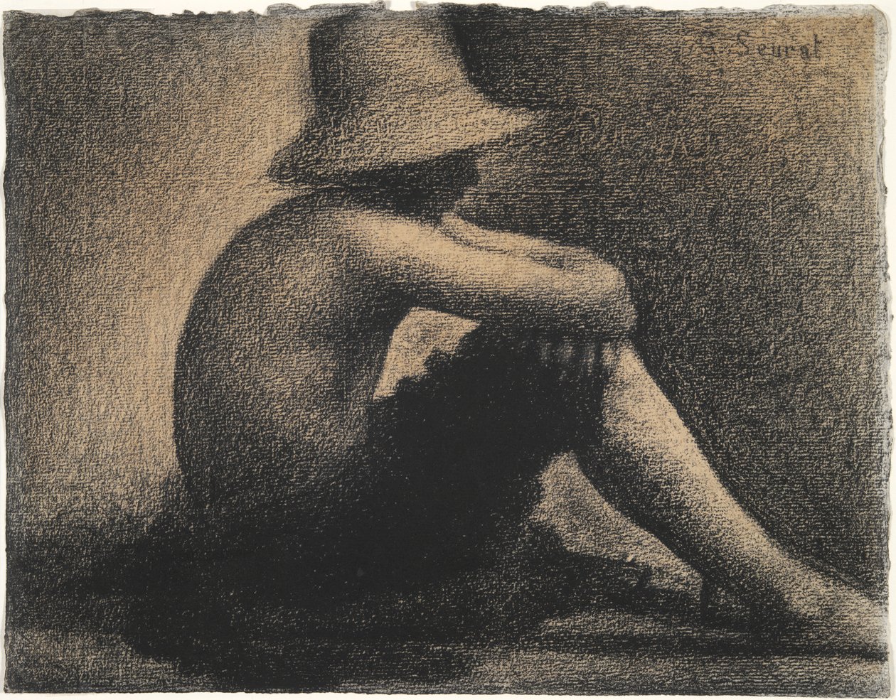 Siedzący chłopiec w słomkowym kapeluszu, studium dla kąpiących się w Asnieres autorstwa Georges Seurat