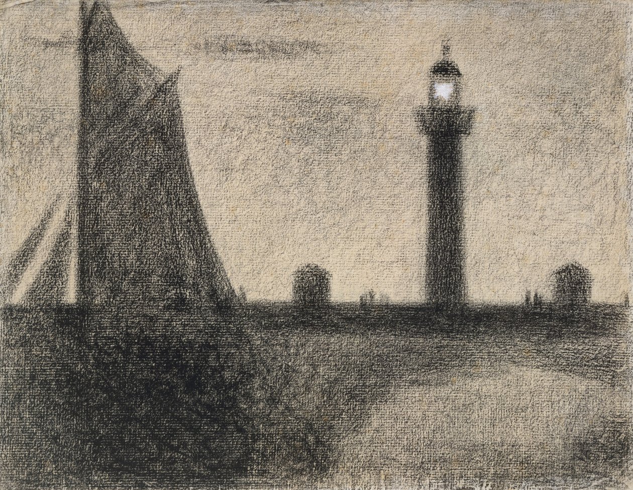Latarnia morska w Honfleur, 1886 (kredka Conte podkreślona gwaszem na papierze wykładanym) autorstwa Georges Seurat