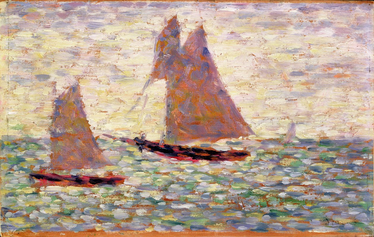 Dwie żaglówki w Grandcamp, c.1885 autorstwa Georges Seurat