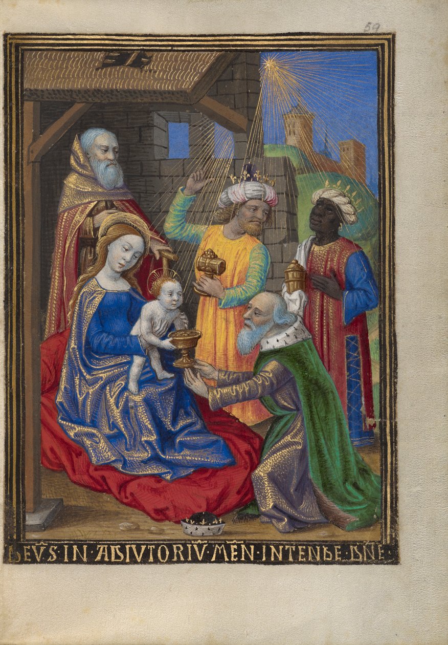 Adoracja Trzech Króli z Godzinek Pani 48 fol. 59, ok. 1480-90 (tempera, złoto płatkowe i tusz na pergaminie) autorstwa Georges Trubert