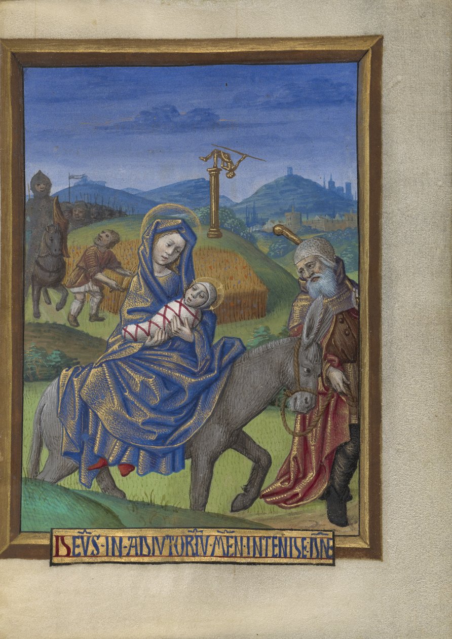 Ucieczka do Egiptu z Księgi Godzin Pani 48 fol. 67, ok. 1480-90 (tempera, złoto płatkowe i tusz na pergaminie) autorstwa Georges Trubert