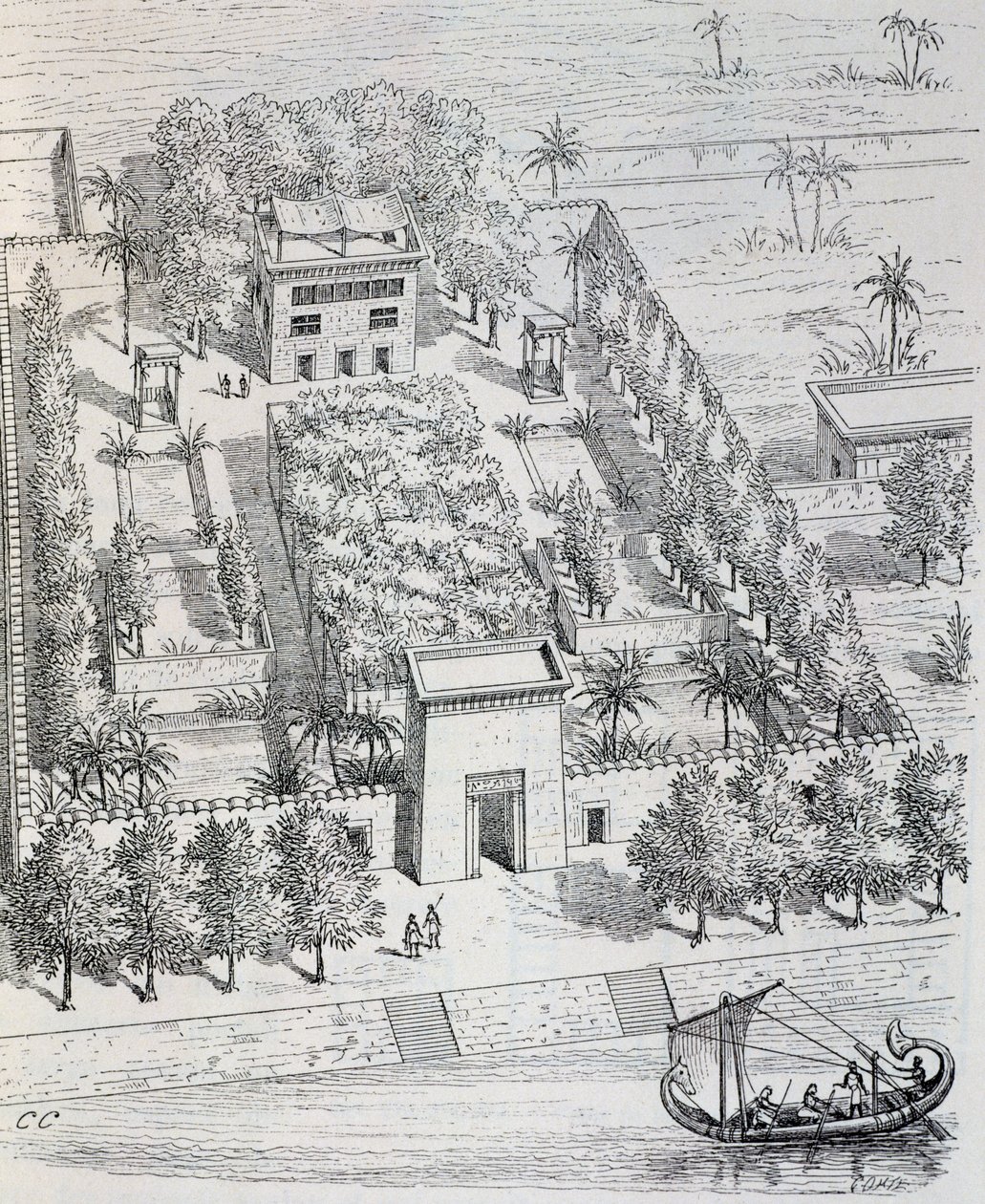 Widok egipskiej willi nad Nilem, rekonstrukcja Chipieza, z Historii sztuki w starożytności (Egipt, Asyria, Persja, Azja Mniejsza, Grecja, Etruria, Rzym) autorstwa Georges and Chipiez Charles Perrot