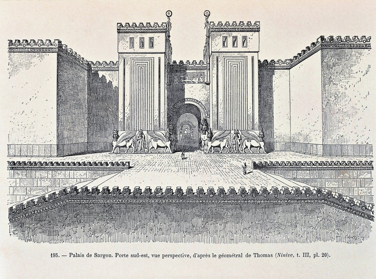 Rekonstrukcja południowo-wschodniej bramy Pałacu Sargona w Dur-Sharrukin („Twierdza Sargona”), dziś Chorsabad (akwaforta) autorstwa Georges and Chipiez Charles Perrot