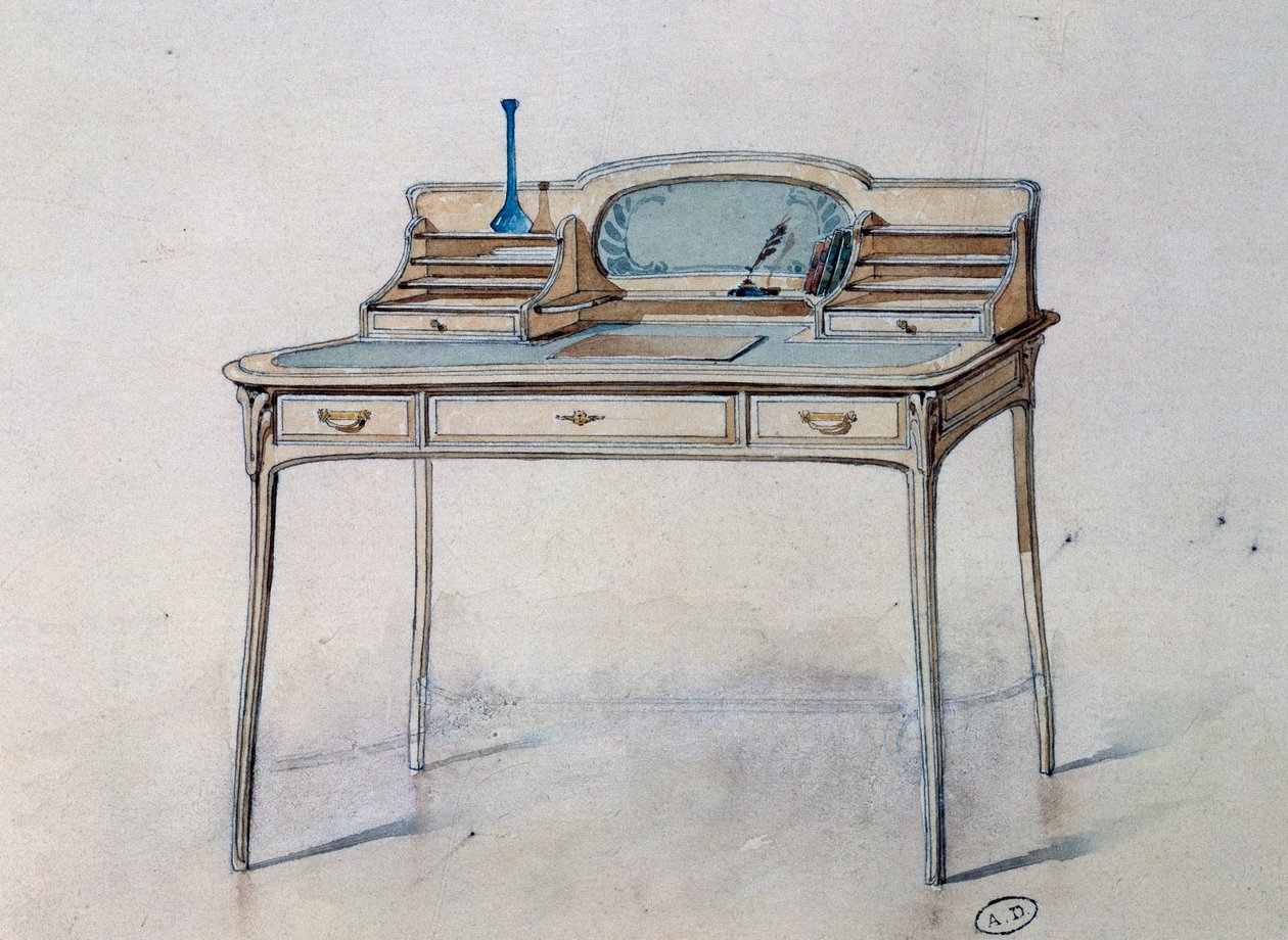 Rysunek do secesyjnego biurka damskiego dla Bing Atelier (Pracownia Art Nouveau), ok. 1900 (akwarela i ołówek) autorstwa Georges de Feure