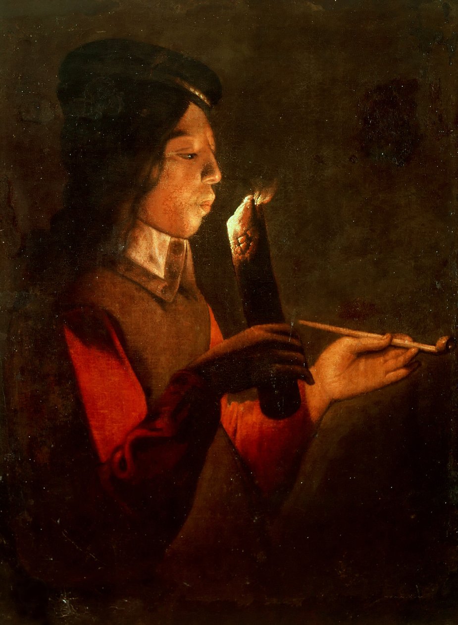Młody chłopak z fajką, dmuchający na podpalacz Le Souffleur à la pipe. autorstwa Georges de, La Tour