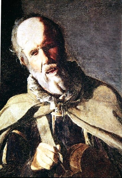 Lira korbowa ze swoim psem, fragment głowy, lata 20. XVII w. autorstwa Georges de La Tour