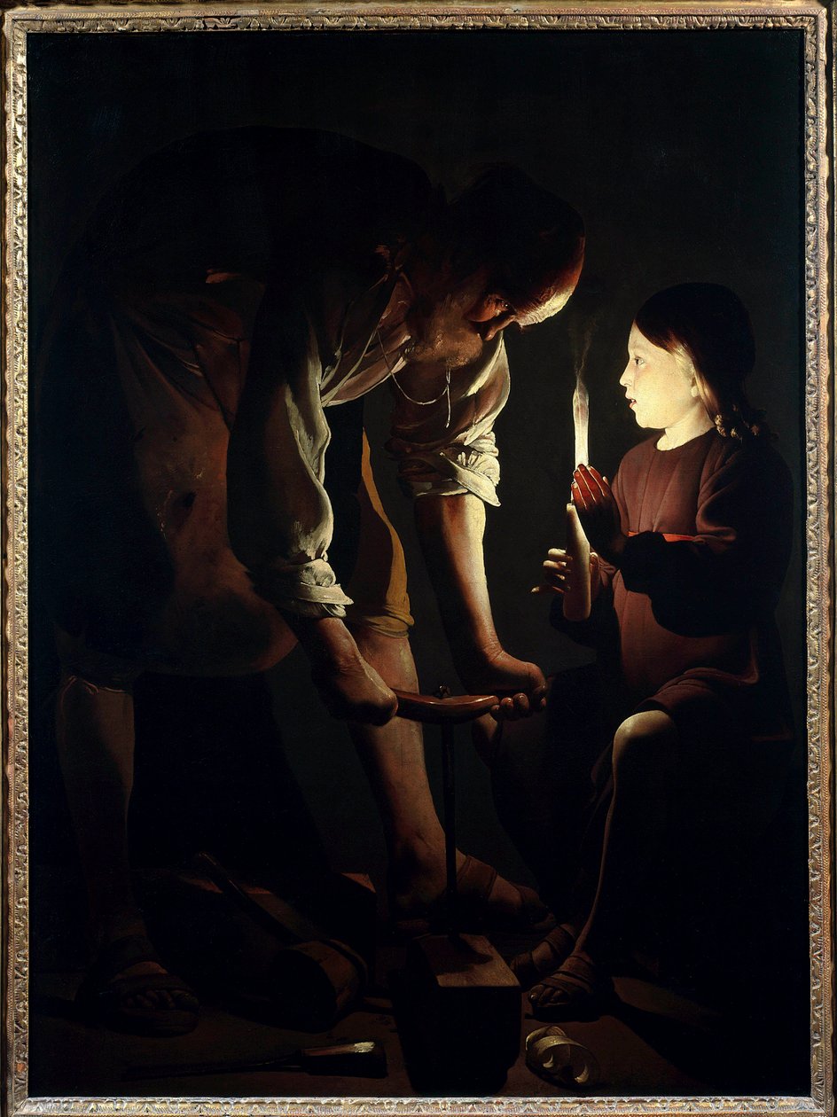 Święty Józef Stolarz Dzieciątko Jezus trzyma świecę, aby zapalić swojego ojca Józefa w pracy. Obraz Georgesa de La Toura (1593-1652) 1640 nd. 1,07 X 1,02 m Paryż. Muzeum w Luwrze autorstwa Georges de La Tour