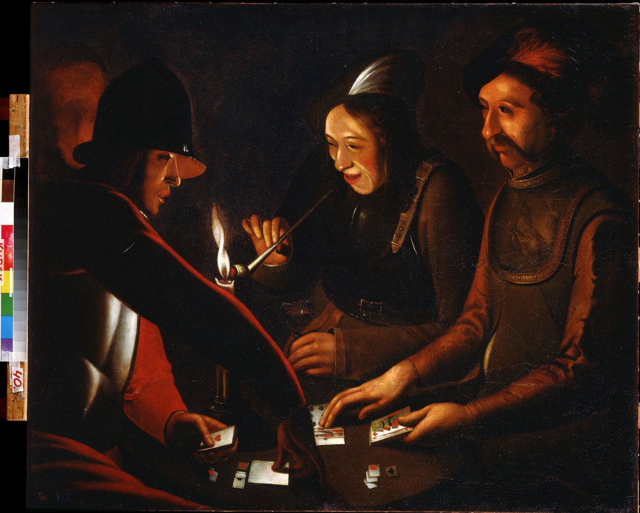 Żołnierze grają w karty. Żołnierze w karty do gry. Obraz świty Georges de La Tour (1583-1652). Olej na płótnie. Regionalna Galeria Sztuki im. A. Deineki, Kursk (Kursk), Rosja. autorstwa Georges de La Tour