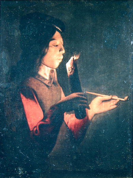 Młody mężczyzna zapala fajkę autorstwa Georges de la after Tour