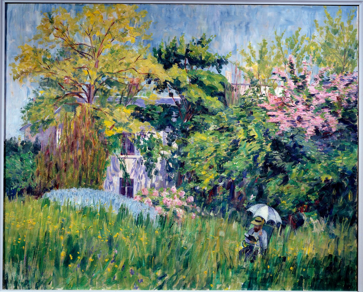 Ogród Bonnieres Czytelnik ma pod parasolem w wysokiej trawie. Obraz Georgette Agutte (1867-1922) 1909-1910. Olej na płótnie, 81 x 100 cm. Grenoble, musee des Beaux Arts - Ogród w Bonnieres. Czytelnik pod parasolem w wysokiej trawie. Rocznie autorstwa Georgette Agutte