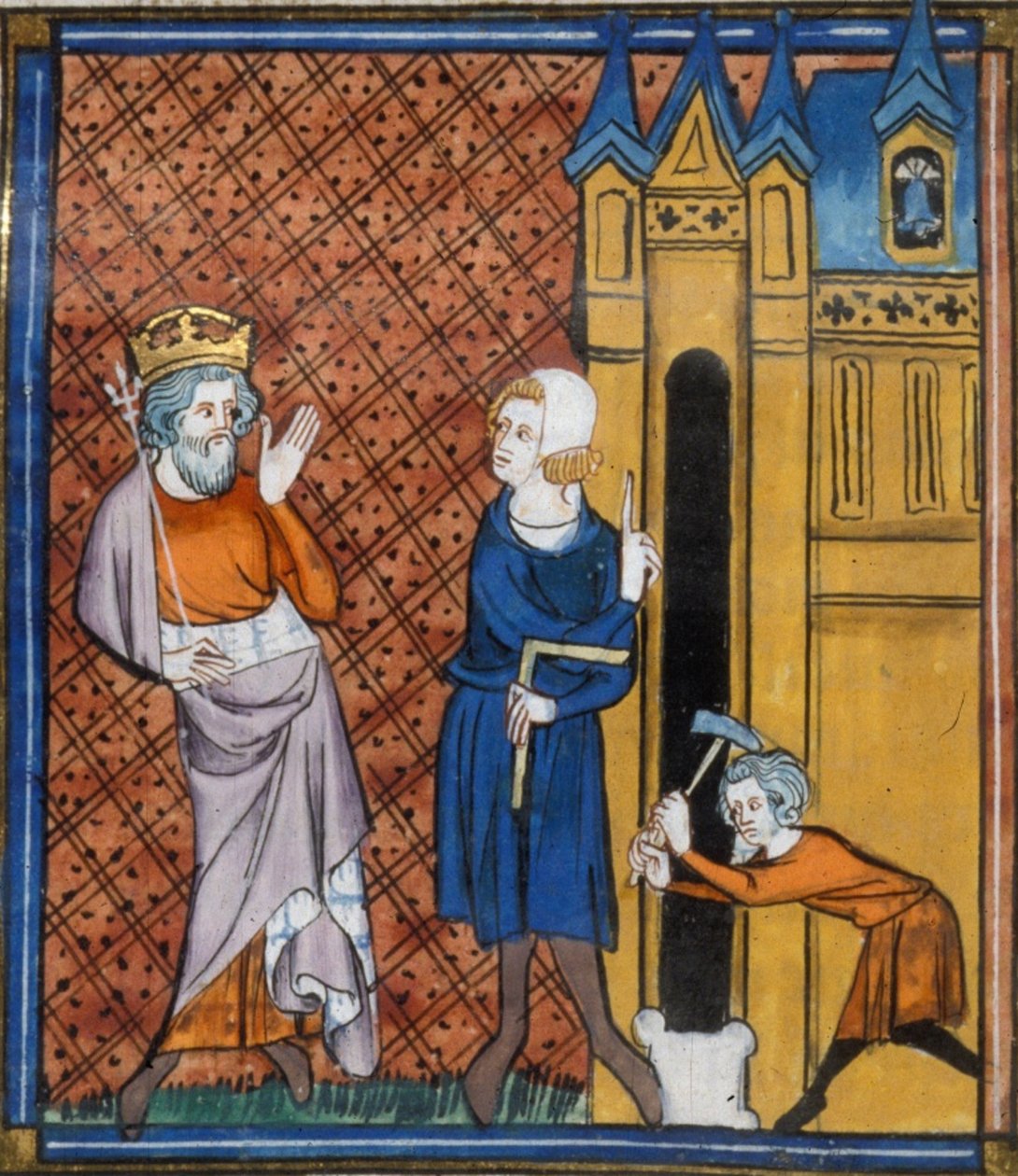 Karol Wielki budujący katedrę w Aix, z Chroniques de France ou de St Denis, XIV wiek (22716435125) autorstwa Georgia Levan Ramishvili from Tbilisi