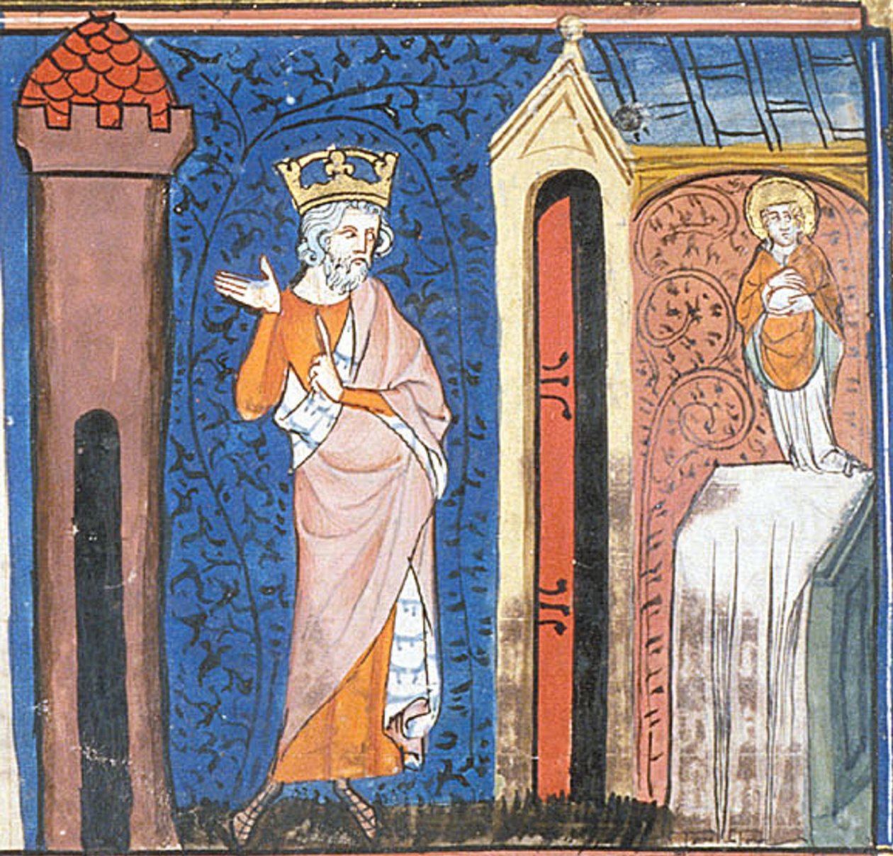 Karol Wielki oddający cześć św. Denisowi, z Chroniques de France ou de St Denis, XIV wiek (22702899392) autorstwa Georgia Levan Ramishvili from Tbilisi
