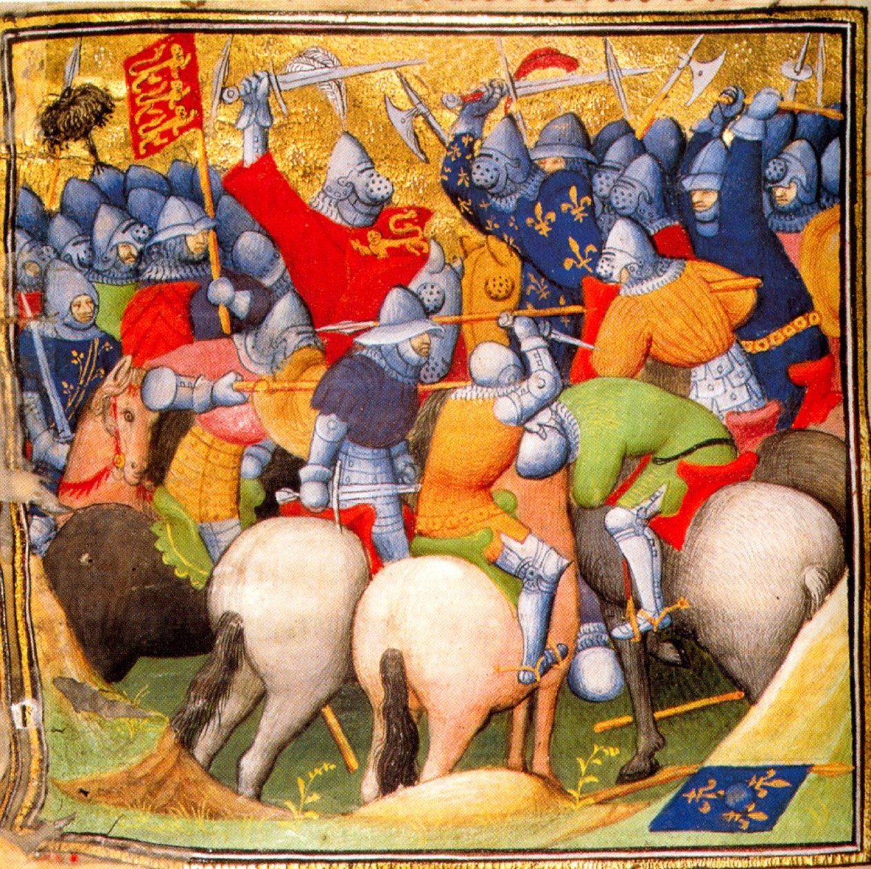 Anglicy walczący z francuskimi rycerzami w bitwie pod Crécy w 1346 r., Grandes Chroniques de France, 1415 (26228020225) autorstwa Georgia Levan Ramishvili from Tbilisi