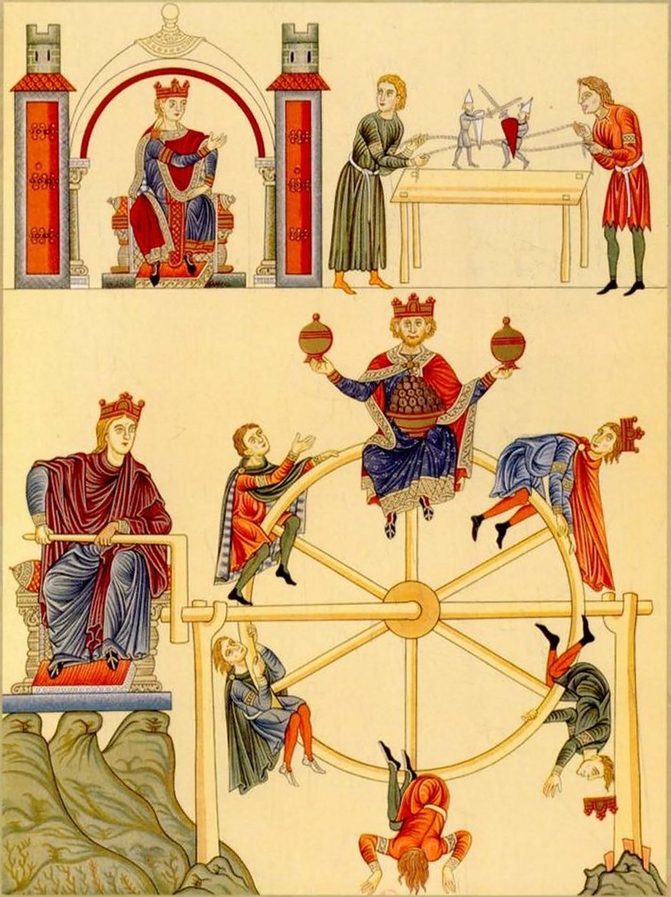 Walczące lalki-rycerze i koło fortuny z Hortus Deliciarum autorstwa Herrada z Landsberga, 1167-85 (27665671887) autorstwa Georgia Levan Ramishvili from Tbilisi