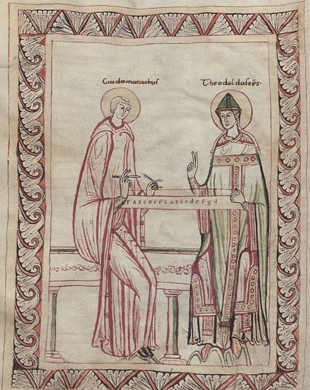 Guido z Arezzo i biskup Tedald pracujący nad monochordem, miniatura z XI wieku (21954743795) autorstwa Georgia Levan Ramishvili from Tbilisi