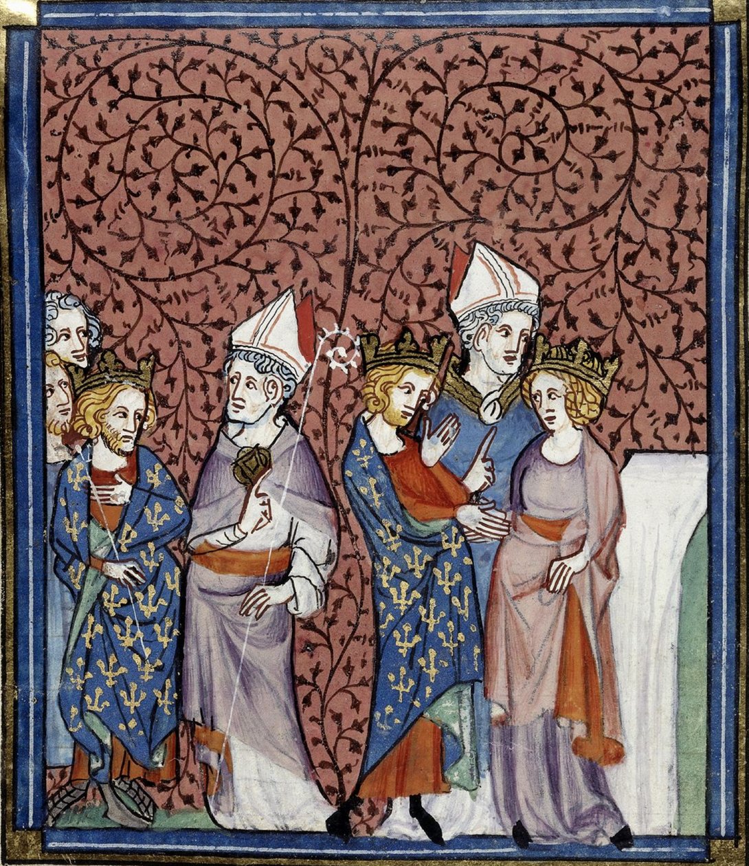Henryk I wysyłający biskupa i jego małżeństwo z Anną, Grandes chroniques de France, Royal 16 G.VI, f.269v, ok. 1332-1350 (22727649151) autorstwa Georgia Levan Ramishvili from Tbilisi