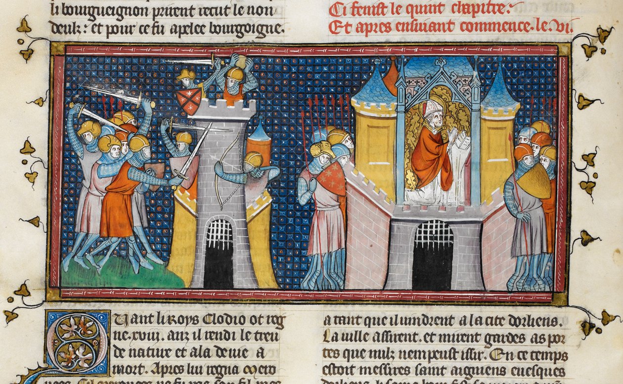 Hunowie zdobywający Orlean, modlitwa Agnana, z Chroniques de France ou de St Denis, XIV wiek (22716441545) autorstwa Georgia Levan Ramishvili from Tbilisi