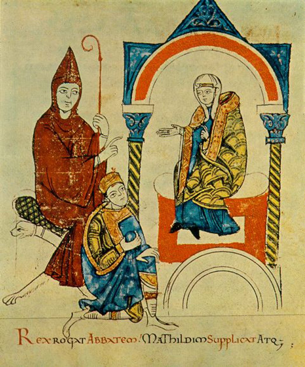 Król - Święty Cesarz Rzymski Henryk IV - modli się do opata - Hugh z Cluny - i błaga Matyldę - z Canossy -, z Vita Mathildis, ok. 1115 r. (34295963116) autorstwa Georgia Levan Ramishvili from Tbilisi