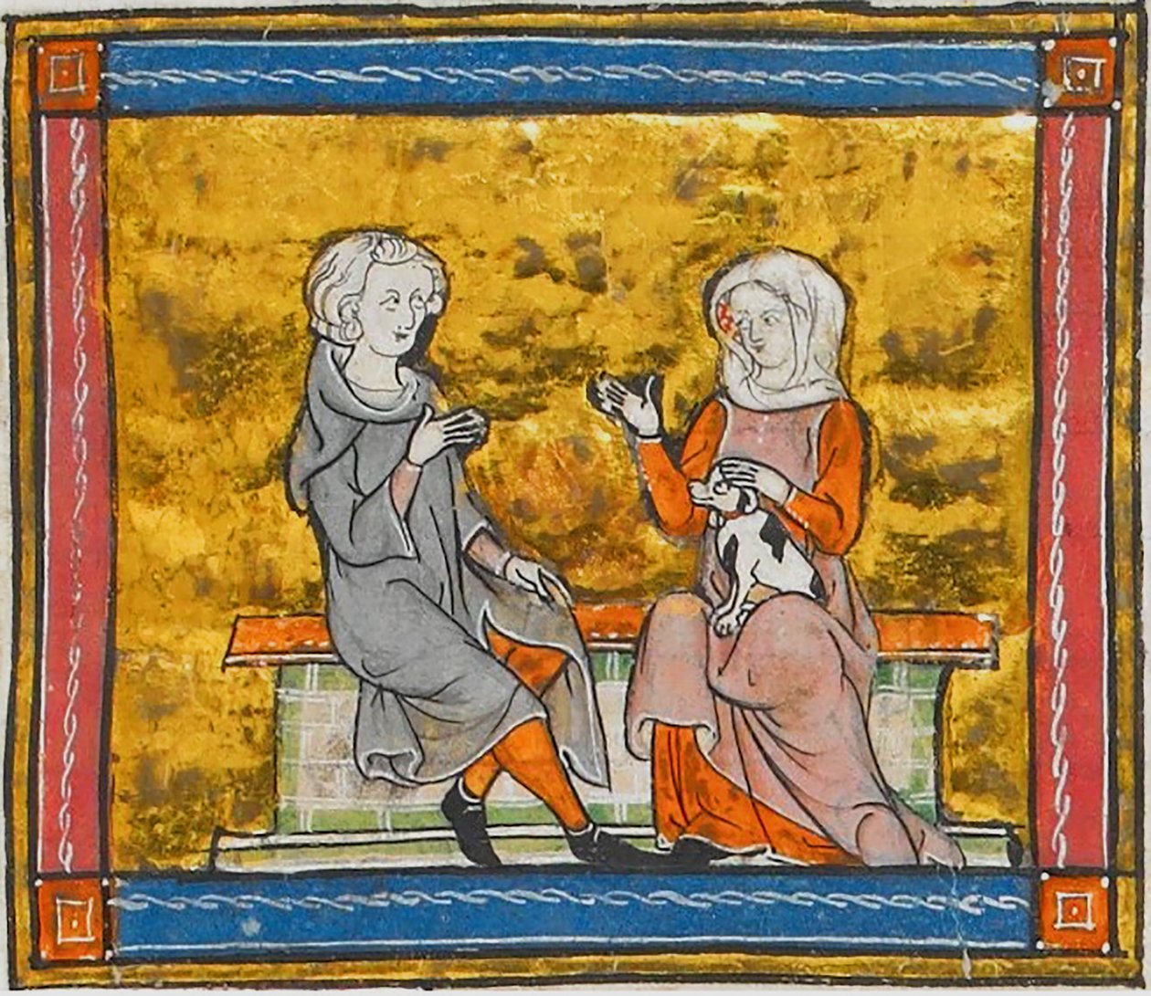 Lancelot rozmawiający z damą trzymającą małego czarno-białego psa, z Morte Artu, ok. 1315-1325 (41067329535) autorstwa Georgia Levan Ramishvili from Tbilisi