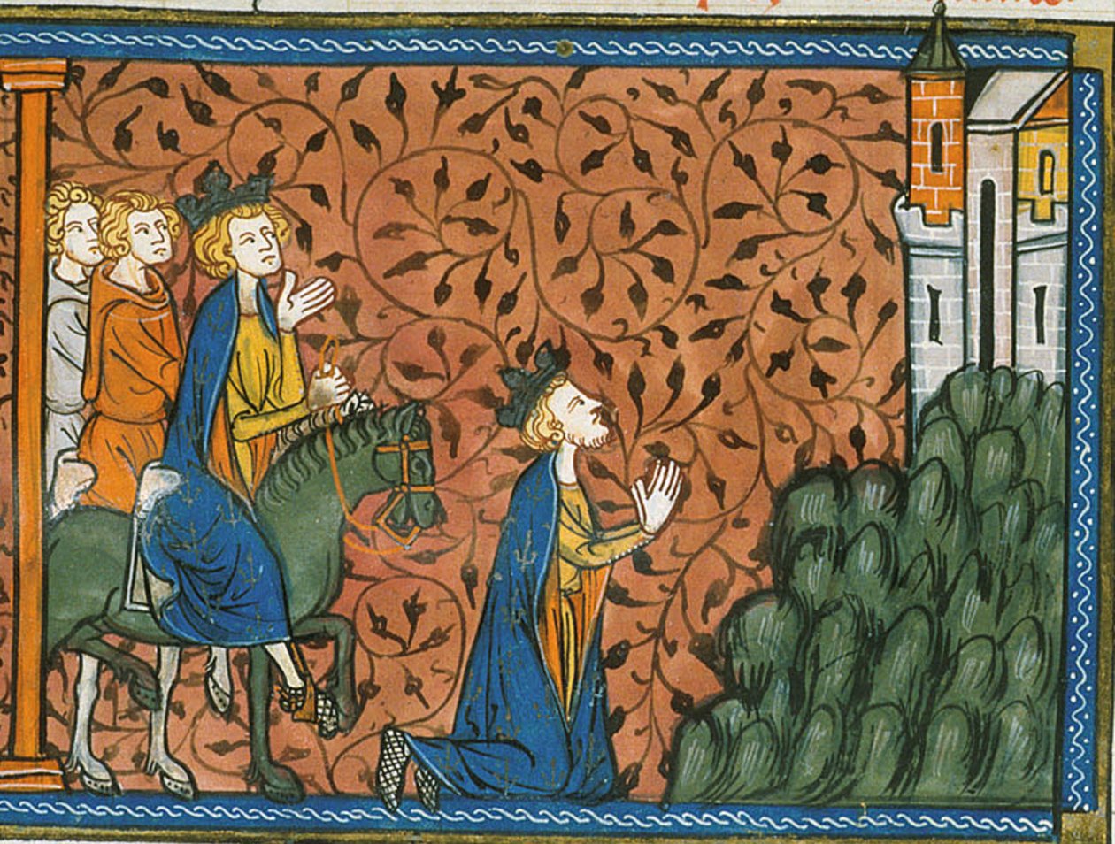 Ludwik IX podczas pielgrzymki do Nazaretu, z Chroniques de France ou de St Denis, XIV wiek (22528526100) autorstwa Georgia Levan Ramishvili from Tbilisi