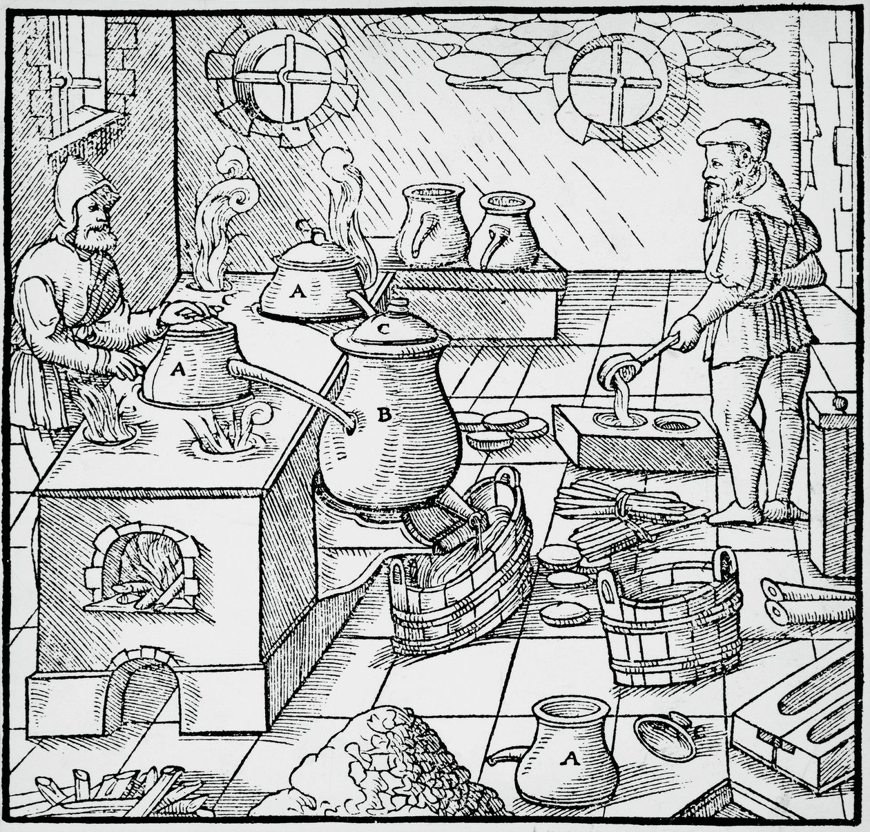 Rycina z De re metalica (O naturze metali) autorstwa Georga Pawera lub Georgiusa Agricoli (1494-1555), opublikowana w Bazylei autorstwa Georgius Agricola