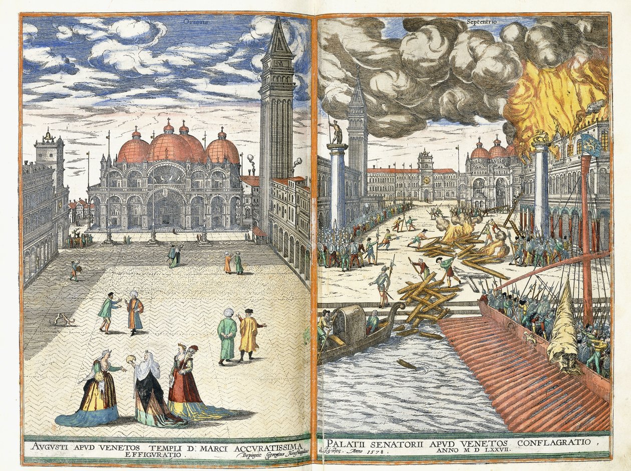 Piazza San Marco i Pożoga Pałacu Senatorii, ok. 1577-8 autorstwa Georgius Housnaglius