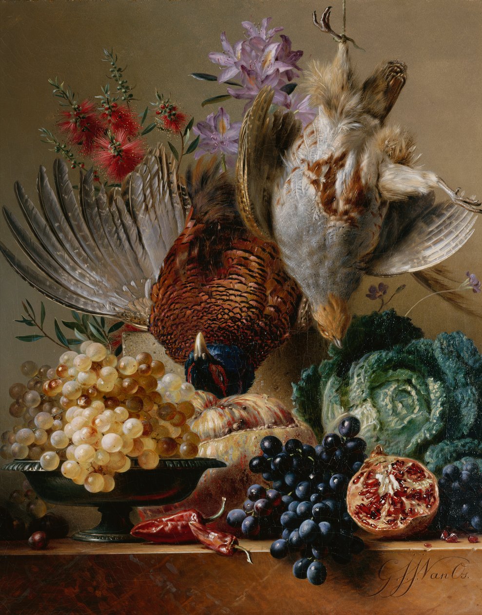 Martwy bażant, kuropatwa, winogrona, kapusta, owoce i kwiaty na półce (olej na płótnie) autorstwa Georgius Jacobus Johannes van (after) Os