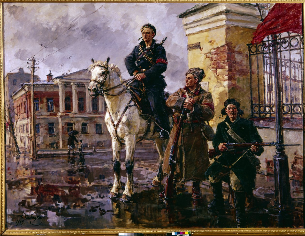 Rewolucja rosyjska października 1917 r .: „pierwsze dni października” (Pierwsze dni października). Zdobycie Pałacu Zimowego w Sankt Petersburgu 25 października 1917 r., szturm prowadzony przez czerwonogwardzistów i bolszewików. Malarstwo George
