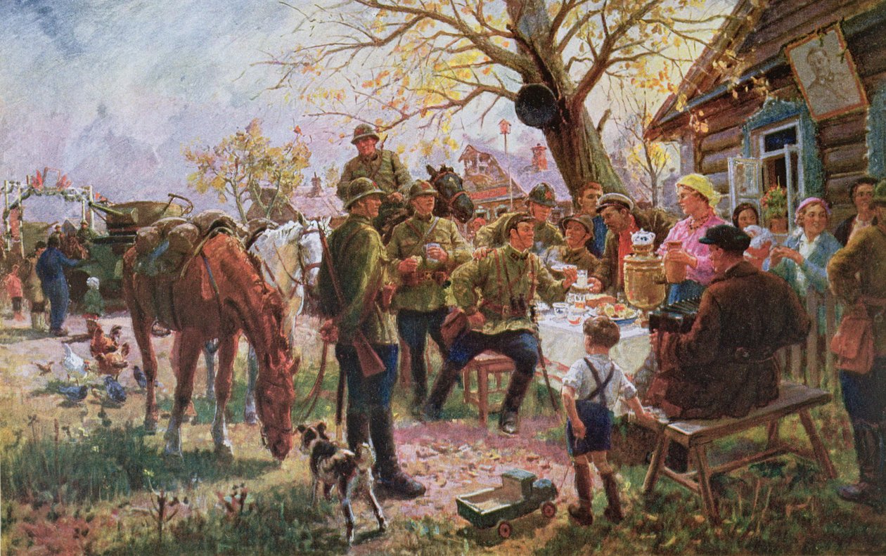 Manewrujący żołnierze Armii Czerwonej witają i odpoczywają w kołchozie autorstwa Georgiy Konstantinovich Savitsky