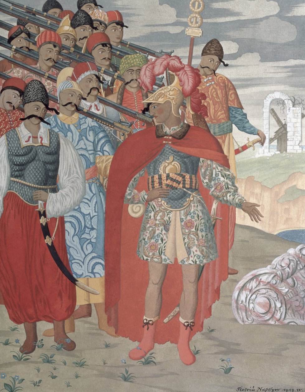 Eneasz i jego żołnierze, 1919 (kolorowe grawerowanie) autorstwa Georgy Narbut