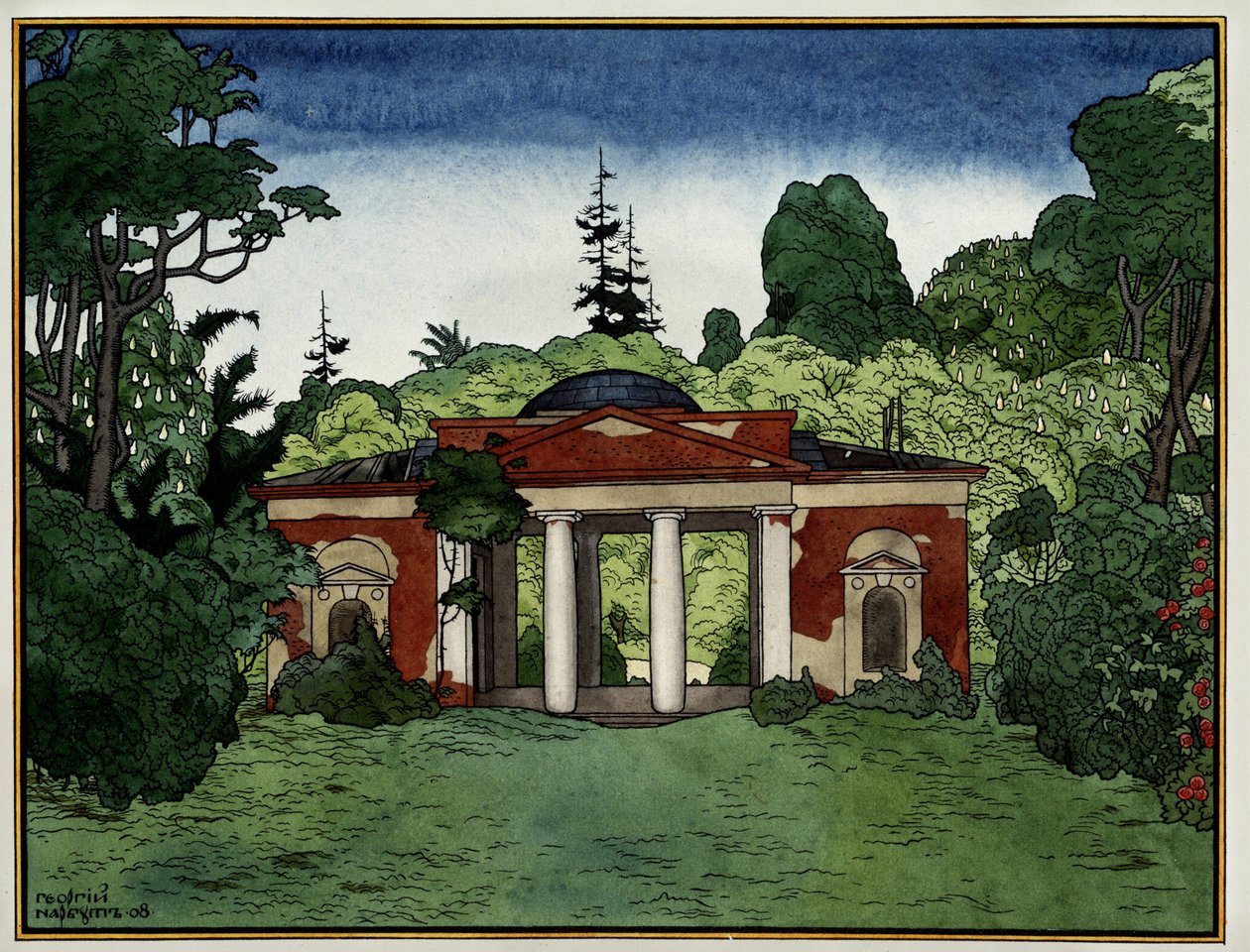 Pawilon na terenie Tsaritsino (Moskwa, Rosja) (Pawilon w Parku Carycyno). Praca Georgi Iwanowicza Narbuta (1886-1920), tusz i akwarela na papierze autorstwa Georgy Narbut