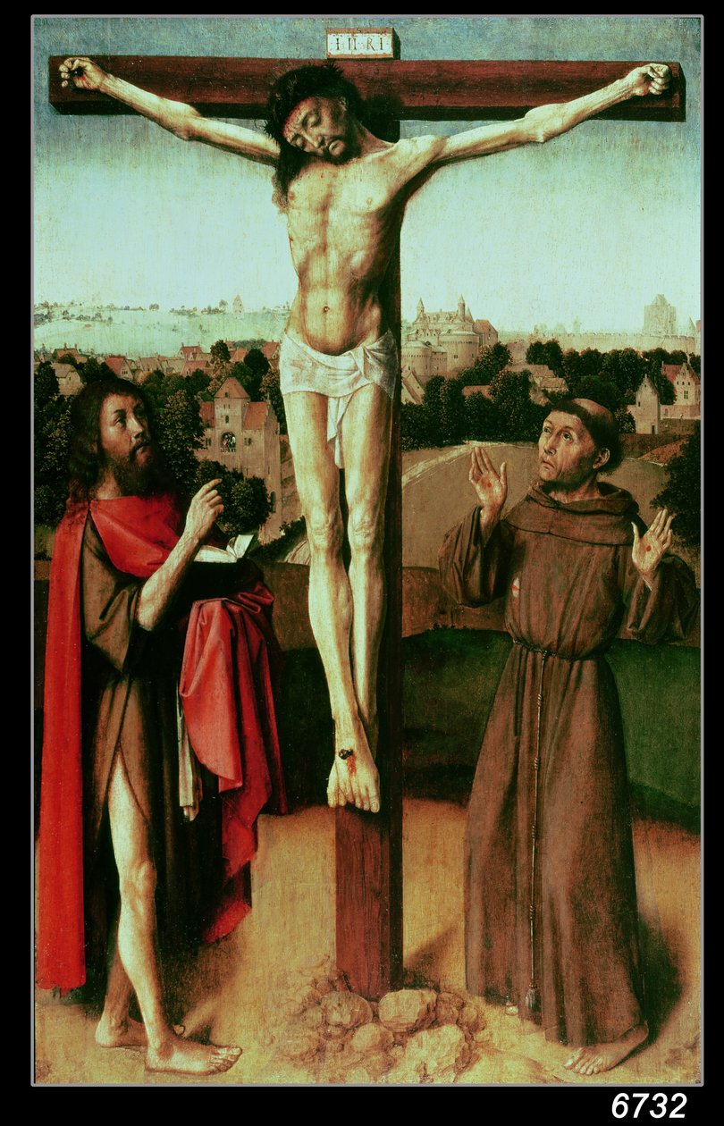 Chrystus na krzyżu między św. Janem a św. Franciszkiem (zobacz 136582 dla wersji przedrestauracyjnej) autorstwa Gerard David
