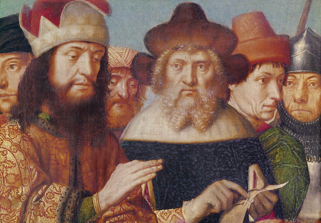 Tryptyk Ukrzyżowania, lewy panel: sędziowie żydowscy, żołnierze rzymscy szczegół głów, ok. 1480 olej na panelu autorstwa Gerard David