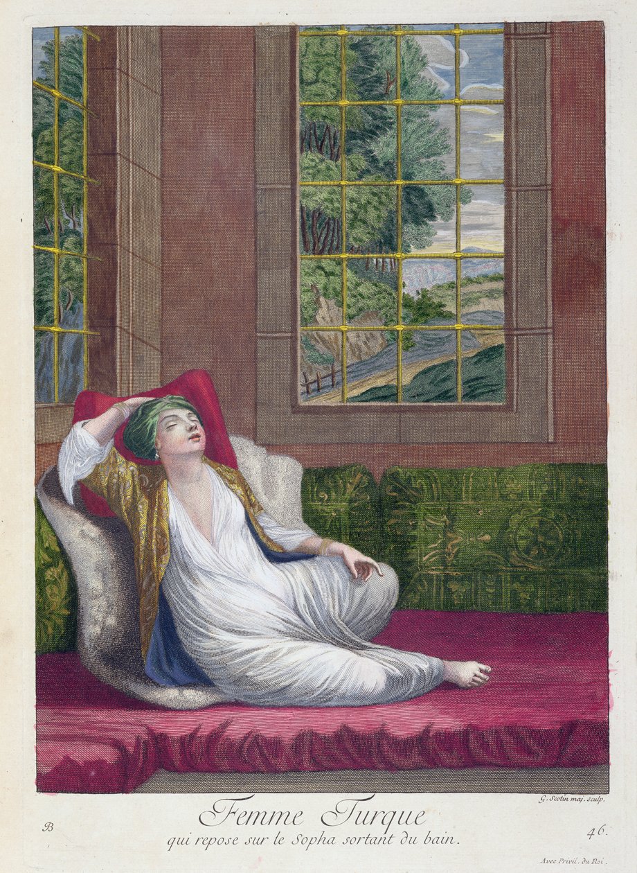 Kobieta turecka, odpoczywająca na sofie po kąpieli, XVIII w. autorstwa Gerard Jean Baptiste Scotin
