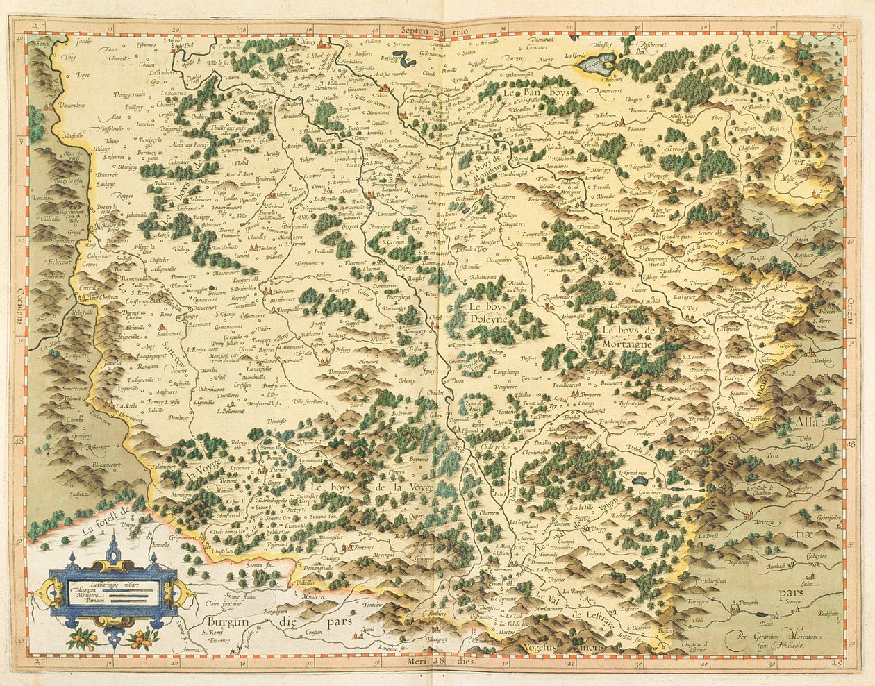 Mapa Lotharingii, z "Atlas sive cosmographicae meditationes de fabrica mundi et fabricati figura", wydana przez Hondiusa ok. 1632 r. autorstwa Gerardus Mercator