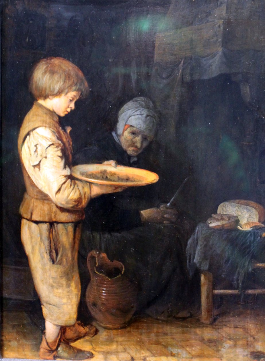 Stara kobieta i chłopiec dzielący się prostym posiłkiem autorstwa Gerard ter Borch