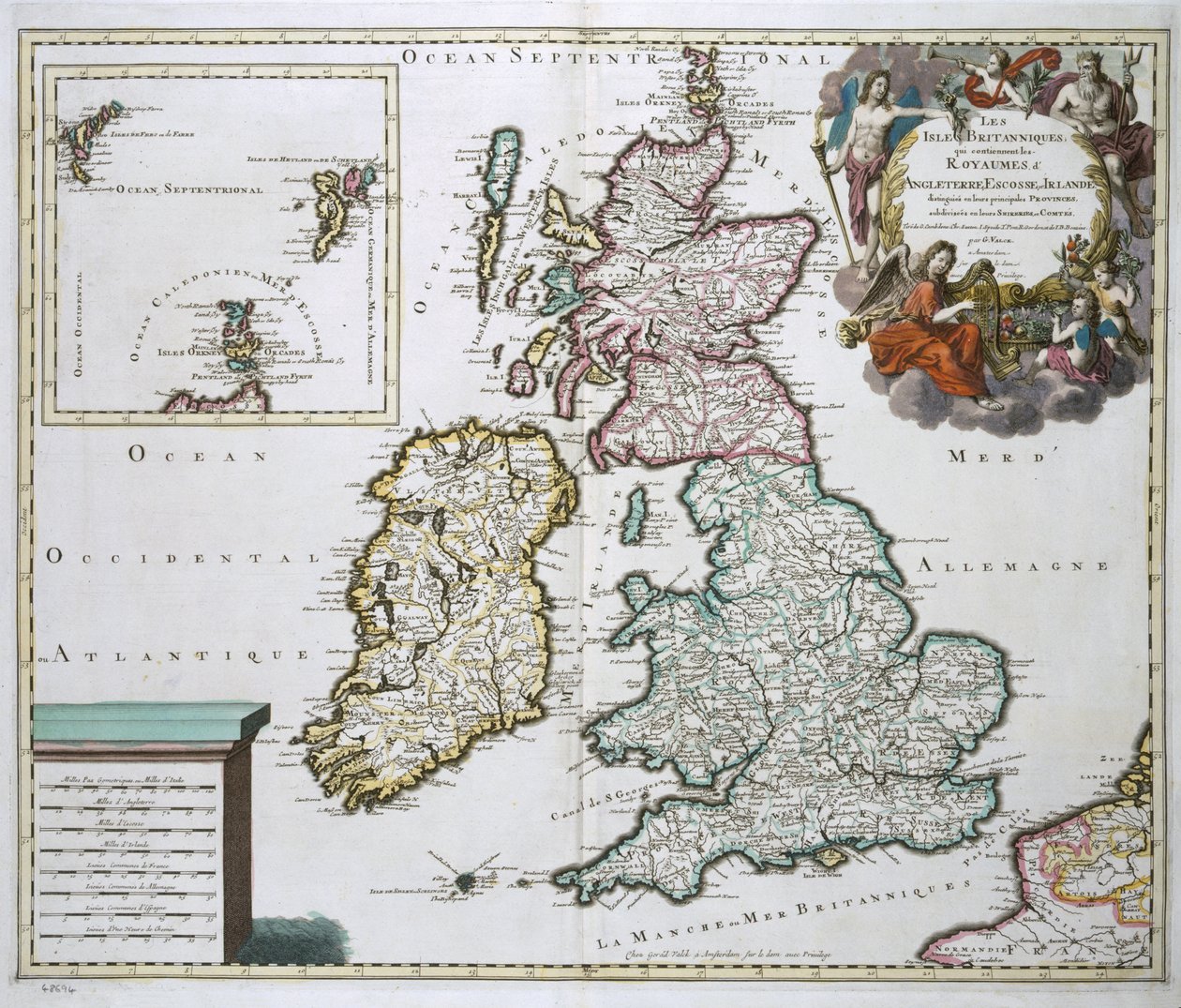 Mapa Wielkiej Brytanii i Irlandii (kolorowe grawerowanie) autorstwa Gerard Valck
