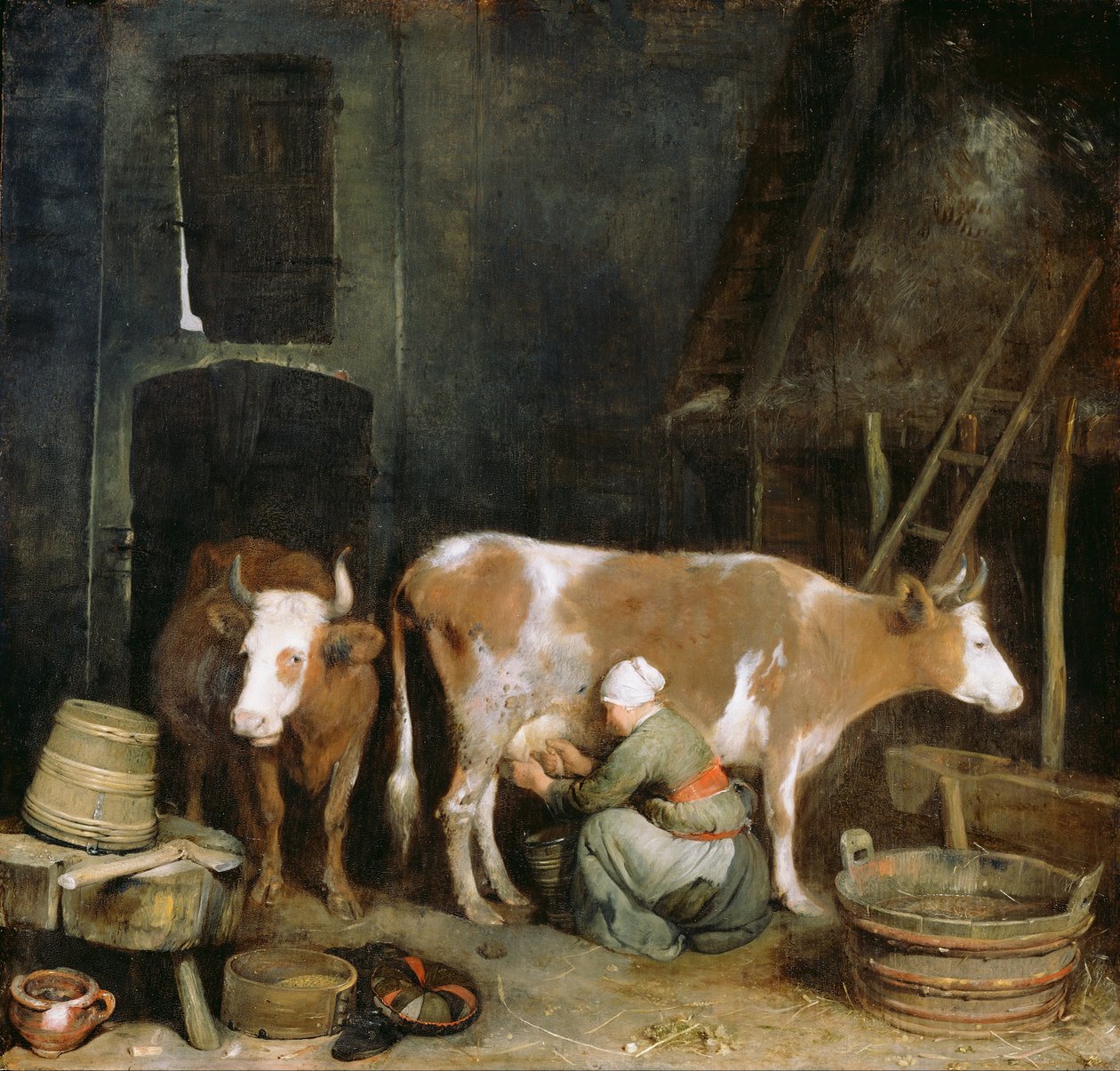 Pokojówka dojąca krowę w oborze autorstwa Gerard ter Borch