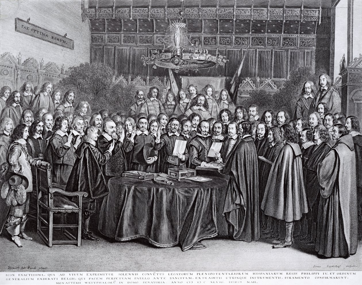 Złożenie przysięgi ratyfikacyjnej traktatu westfalskiego w Munster, 24 października 1648 r. (litografia) autorstwa Gerard ter Borch