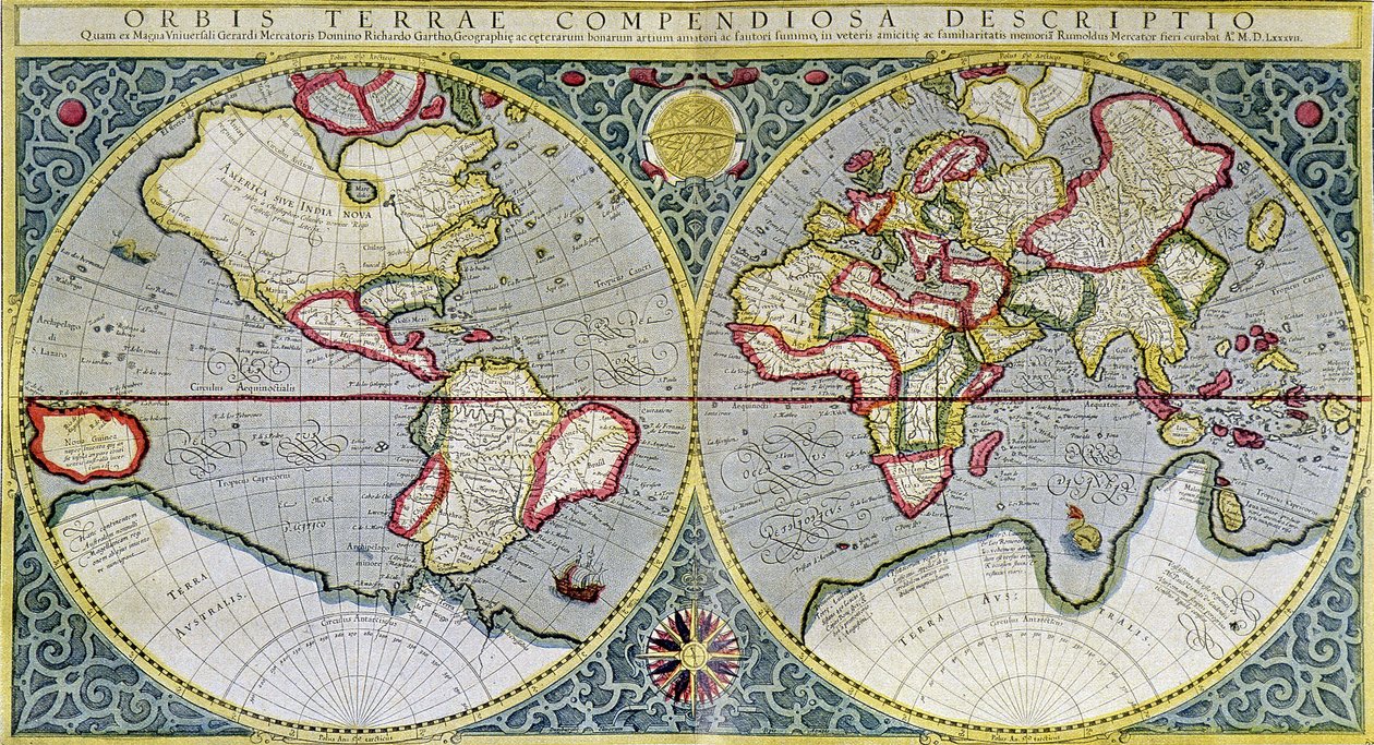 Mapa świata Mercator (1587) - w "Wszechświecie i ludzkości" H. Kraemer autorstwa Gerard (after) Mercator
