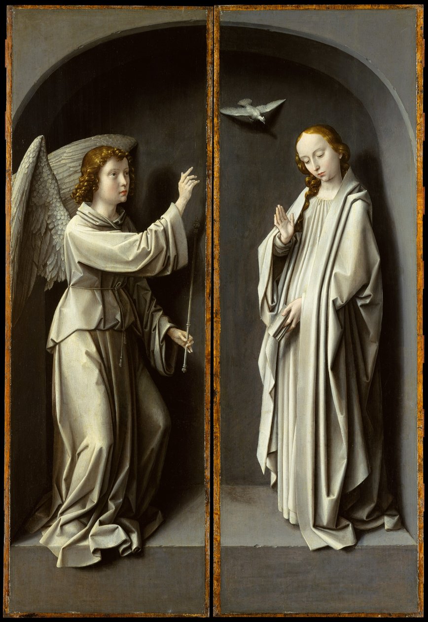 Archanioł Gabriel; Zwiastowanie Dziewicy, ok. 1510 (olej na desce dębowej) autorstwa Gerard David