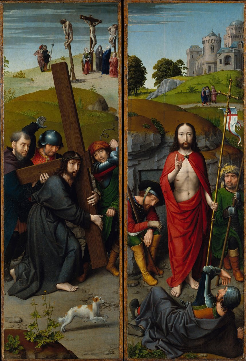 Chrystus niosący krzyż z ukrzyżowaniem; Zmartwychwstanie z pielgrzymami z Emaus, ok. 1510 r. (olej na desce dębowej) autorstwa Gerard David