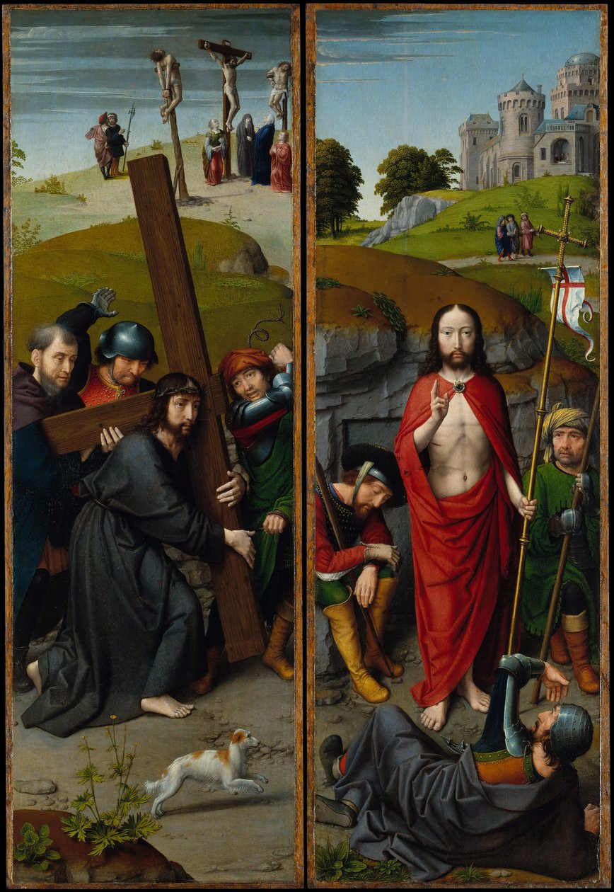 Chrystus dźwigający krzyż, z Ukrzyżowaniem, Zmartwychwstaniem, z Pielgrzymami..., ca. 1510. autorstwa Gerard David
