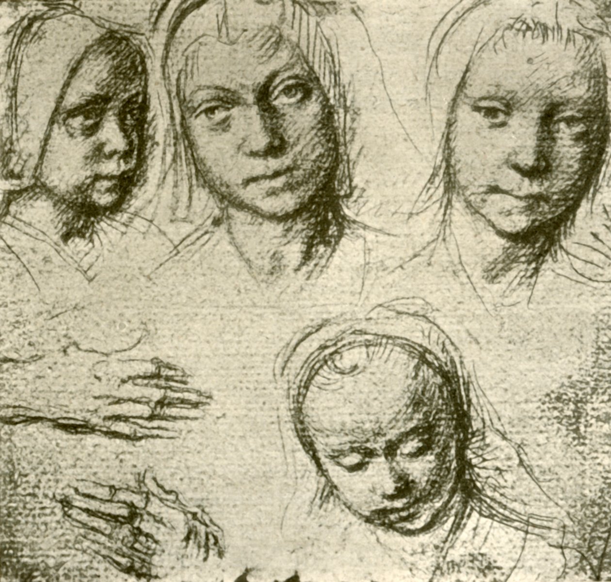 Cztery głowy młodej dziewczyny i dwie ręce, c1500-1505, 1908. autorstwa Gerard David