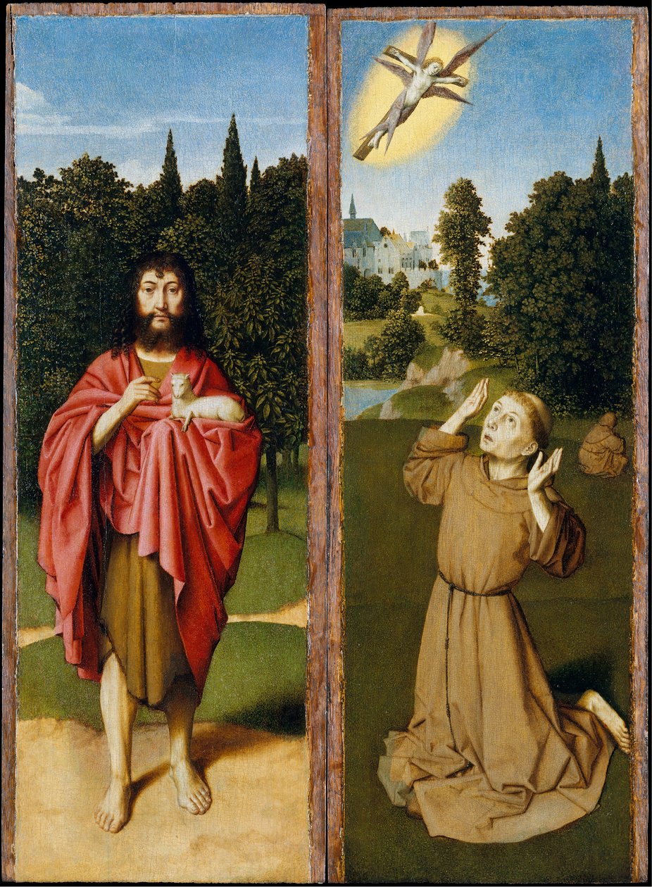 Św. Jan Chrzciciel, Stygmatyzacja św. Franciszka, ca. 1485-90. autorstwa Gerard David