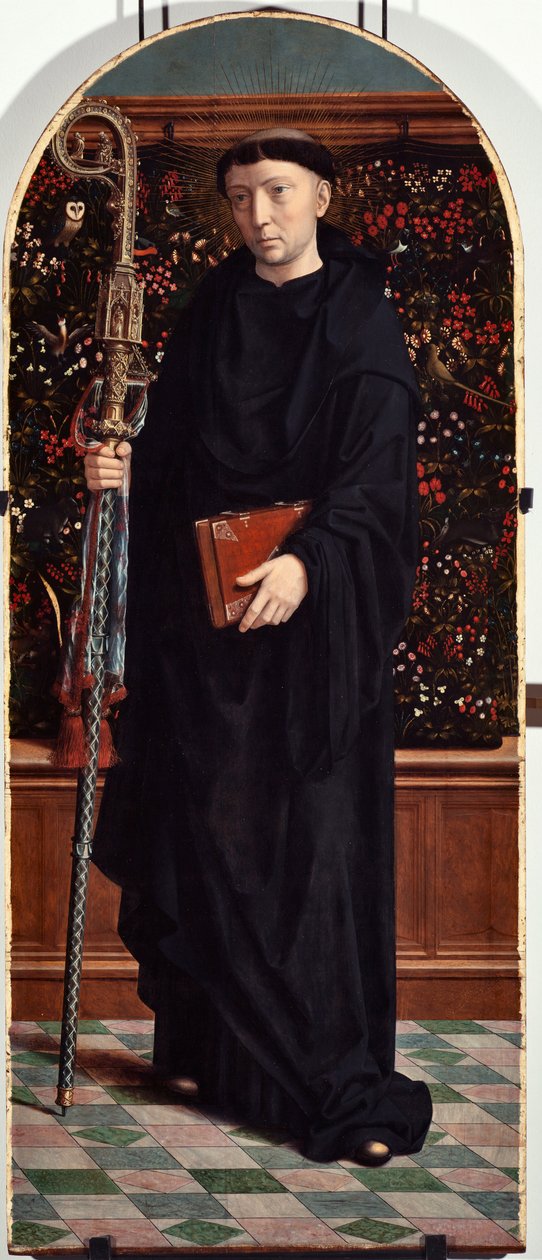 Saint Maur (lub Amaury, Amalric, Maura, Morane, Mauro) (St Maurus) Panel poliptykowy z kościoła San Gerolamo della Cervara - Obraz Gerarda Davida (ok. 1460-1523) 1506 Dim 65x150 cm Genes Musei di Strada Nuova ( ex Palazzo Bianco) Włochy autorstwa Gerard David
