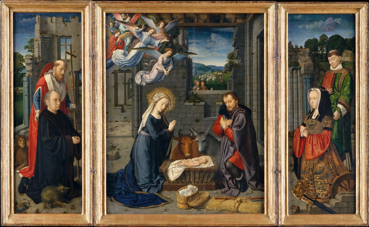 Narodzenia z darczyńcami i świętymi Hieronim i Leonard, c.1510-15 (olej na płótnie) autorstwa Gerard David