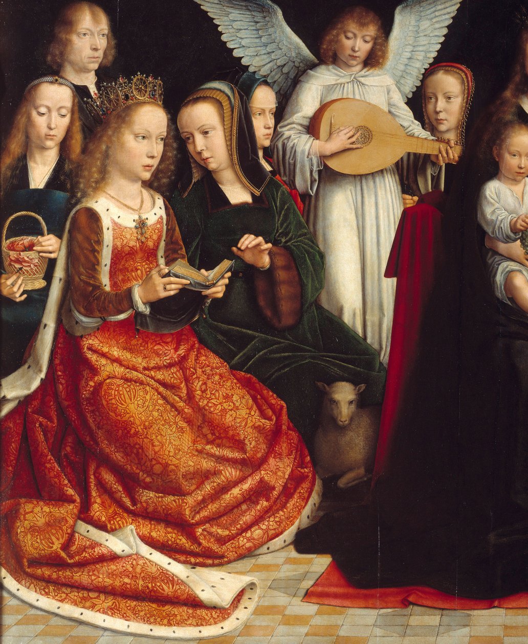 Dziewica wśród świętych. Szczegóły Saintes: Św. Dorothee, Św. Katarzyna, Św. Agnieszka, Św. Fausta. Obraz Gerarda Davida (1460-1523) Ec. Płomień. autorstwa Gerard David