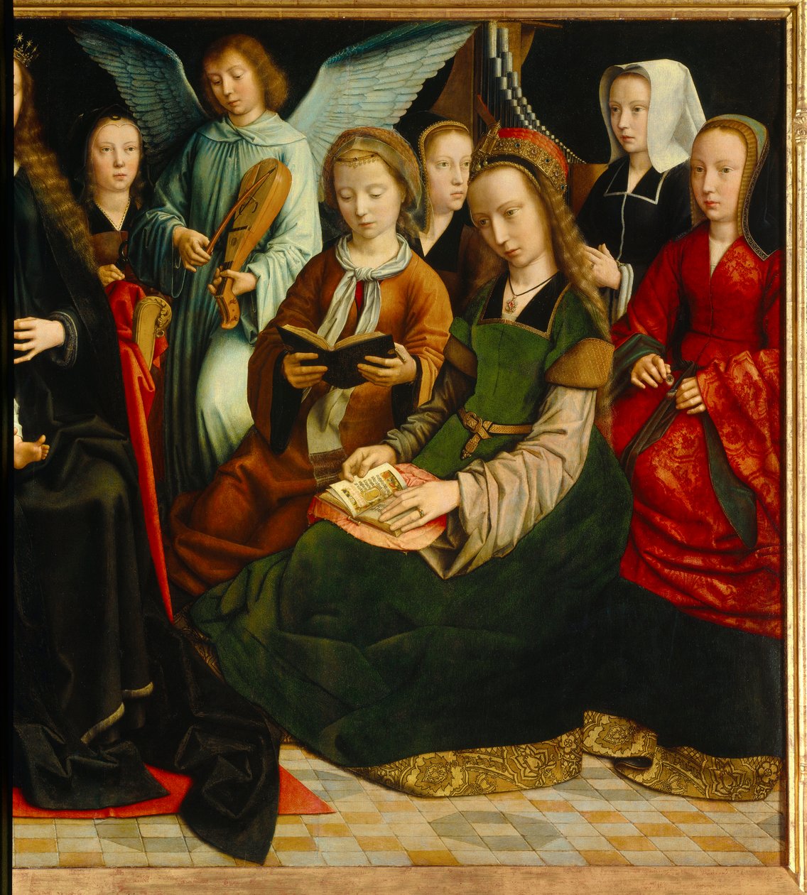 Dziewica wśród świętych. Szczegóły Saintes: Saint Apolline (lub Apollonia), Saint Godeline, Saint Cecile, Saint Barbe, Saint Lucia. Obraz Gerarda Davida (1460-1523) autorstwa Gerard David