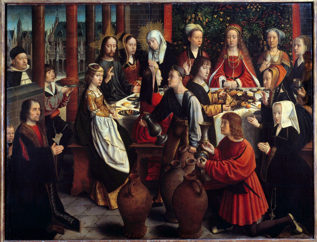 Wesele w Kanie Cud wody zamienia się w wino podczas uczty weselnej, na którą zaproszeni są Jezus i Maryja. Obraz Gerarda Davida (1460-1523) Nd. 1x1,28 m² autorstwa Gerard David